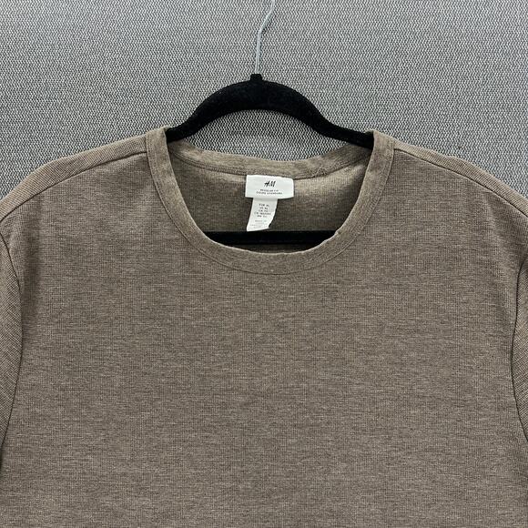 H&M Mens Dark Beige Regular Fit Crew Neck Cotton Blend Woven Waffled T Shirt XL - Picture 3 of 9